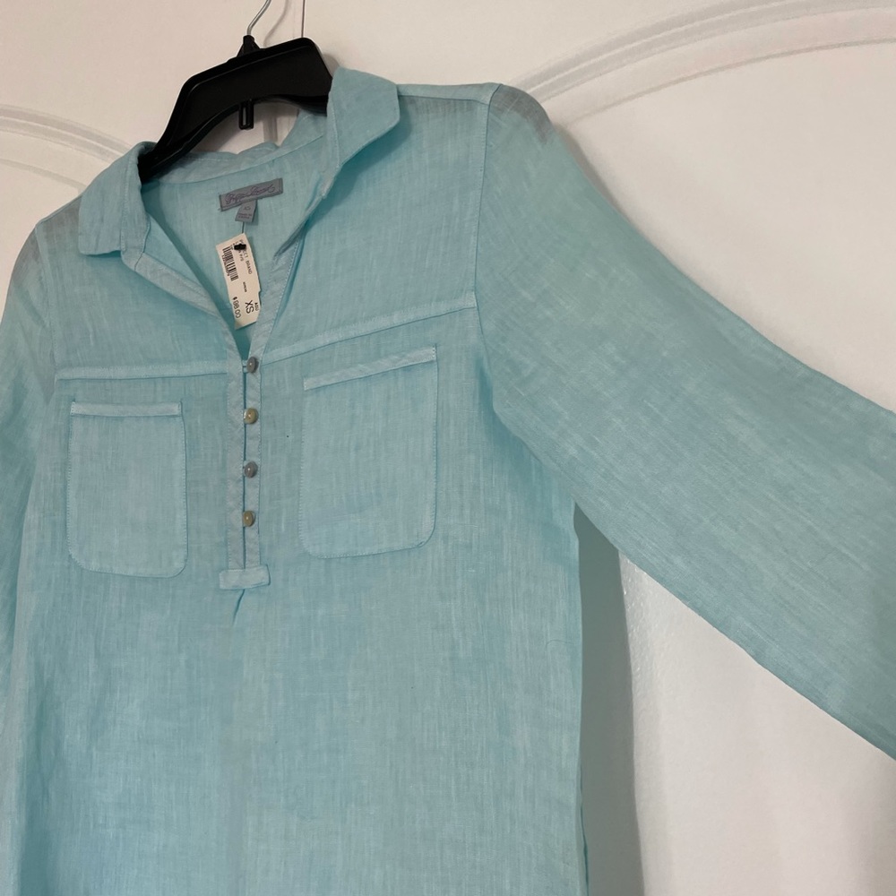 Project Brand 100% Blue Linen Half Button Shirt XS - Picture 10 of 11
